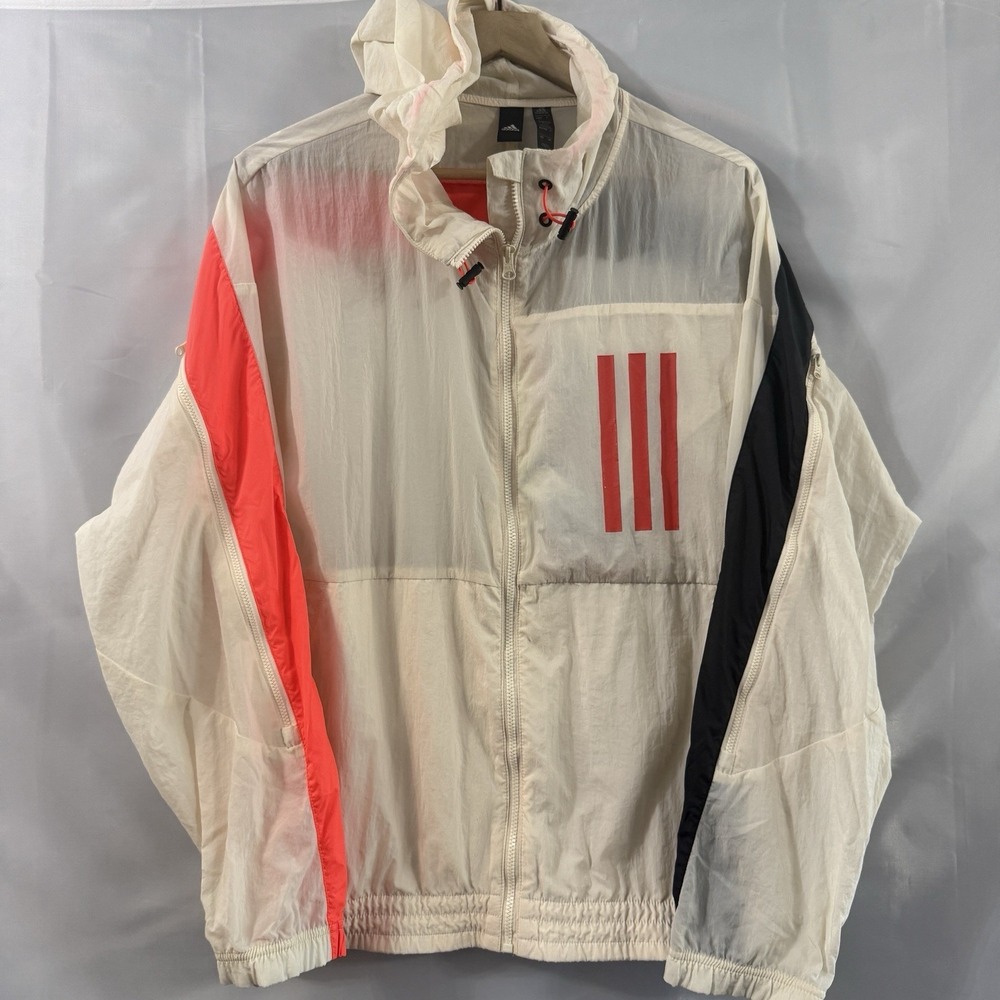 Adidas WND Mother Hooded Windbreaker Jacket Primegreen White Orange Packable L
